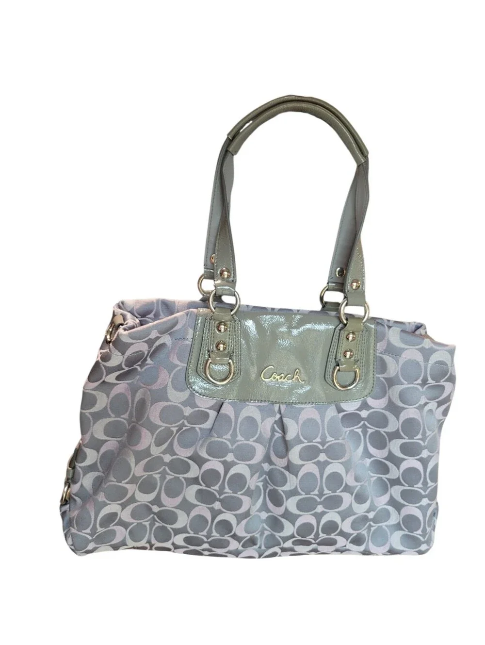 Coach Ashley Signature Sateen Carryall Tote Gray Pink Shoulder Bag F18450